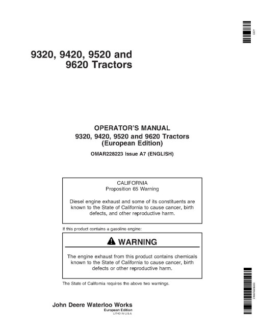 John Deere 9320, 9420, 9520 and 9620 4WD Articulated Tractors (SN: from 040001, Europe) Operators Manual (OMAR228223)