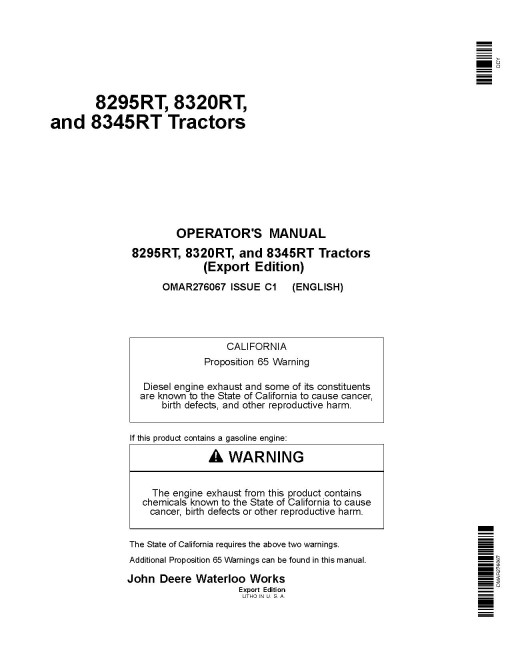 John Deere 8295RT, 8320RT and 8345RT Tracked Tractors (SN: 902501-912000, Export Edition) Operators Manual (OMAR276067)