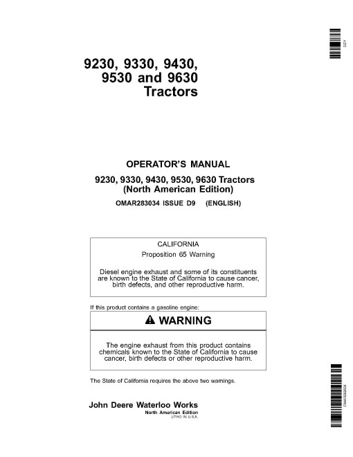 John Deere 9230, 9330, 9430, 9530 and 9630 4WD Articulated Tractors (SN: up to 012999, North America) Operators Manual (OMAR283034)