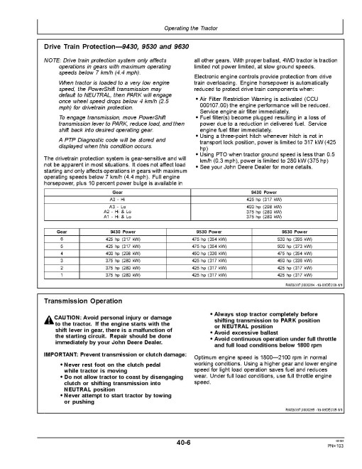 John Deere 9230, 9330, 9430, 9530 and 9630 4WD Articulated Tractors (SN:013000-015999, Export) Operators Manual (OMAR309177)