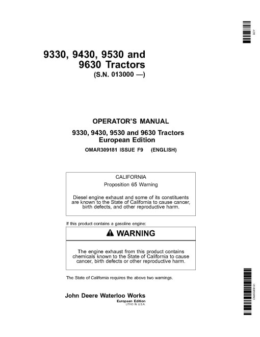 John Deere 9330, 9430, 9530 and 9630 4WD Articulated Tractors (SN:013000-015999, Europe) Operators Manual (OMAR309181)