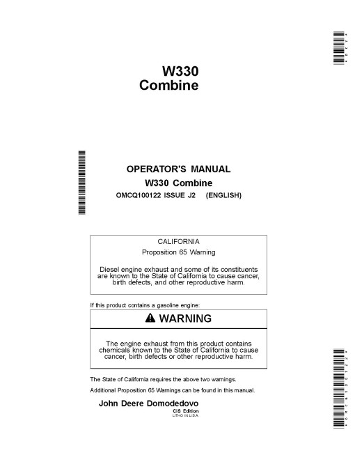 John Deere W330 Combines (CIS) Operators Manual (OMCQ100122)