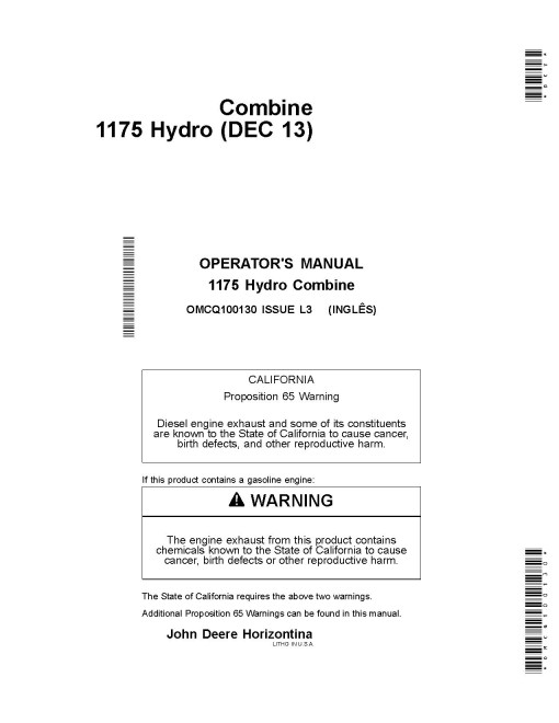 John Deere 1175 Hydro Combines Operators Manual (OMCQ100130)