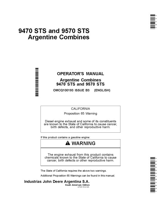 John Deere 9470 STS and 9570 STS Argentine Combines (South America) Operators Manual (OMCQ100193)