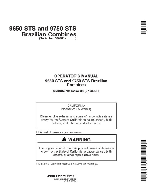 John Deere 9650 STS (SN: 000181 - 600100) and 9750 STS (SN: 000181 - 600043) Combines (South America) Operators Manual (OMCQ52794)