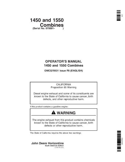 John Deere 1450 and 1550 Combines (SN: from 070001) (South America) Operators Manual (OMCQ70531)