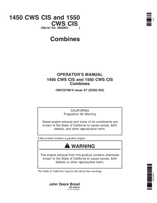 John Deere 1450 CWS and 1550 CWS Combines (SN: from 060063) (CIS) Operators Manual (OMCQ70816)