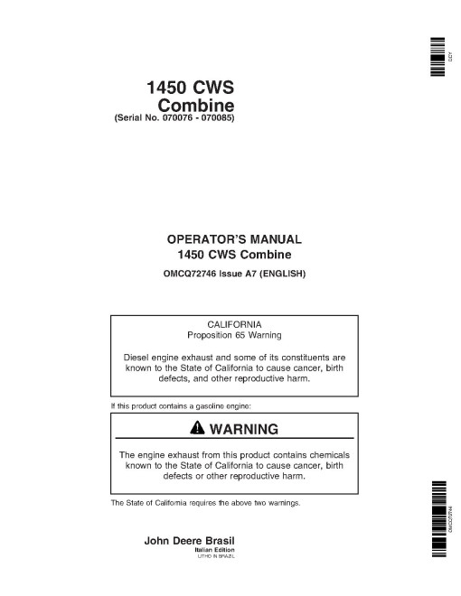 John Deere 1450 CWS Combines (SN: 070076 - 070085) (Europe) Operators Manual (OMCQ72746)
