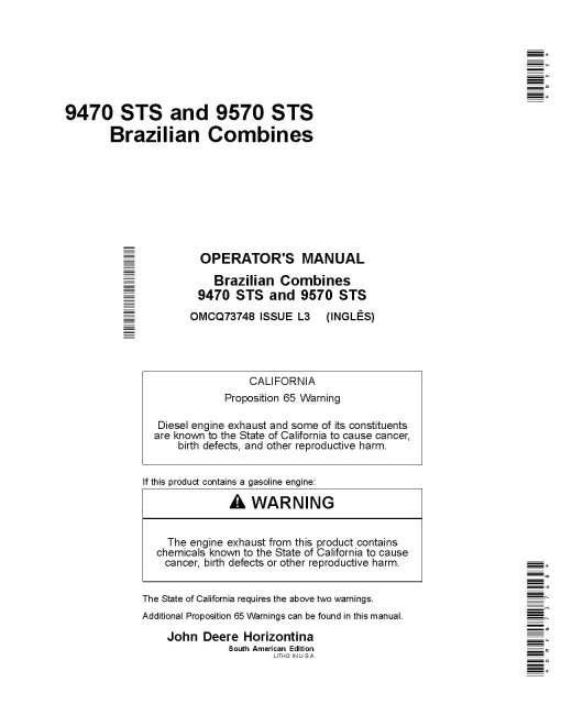 John Deere 9470 STS and 9570 STS Brazilian Combines (South America) Operators Manual (OMCQ73748)