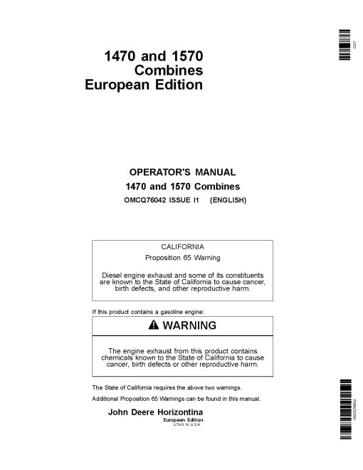 John Deere 1470 and 1570 Combines (Europe) Operators Manual (OMCQ76042)