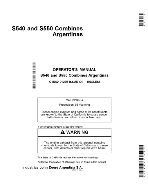 John Deere S540 and S550 Combines (SN: 000001 - 120099) (South America) Operators Manual (OMDQ101265)