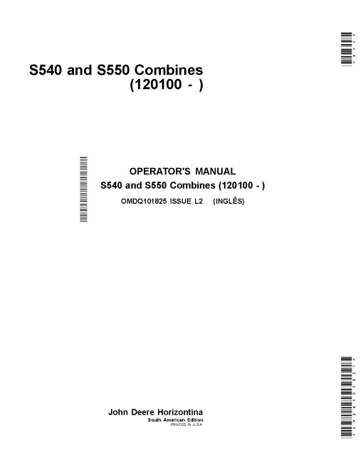 John Deere S540 and S550 Combines (SN: 120100 - 140099) (South America) Operators Manual (OMDQ101825)