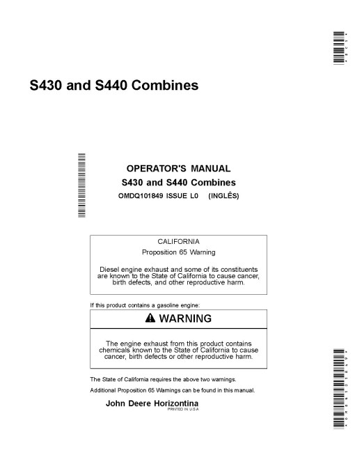 John Deere S430 and S440 Combines Operators Manual (OMDQ101849)