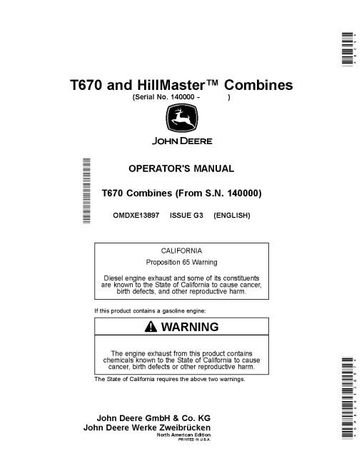 John Deere T670 and HillMaster Combines (SN: from 140000) (North America) Operators Manual (OMDXE13897)
