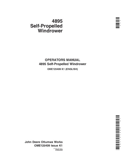 John Deere 4895 Self-Propelled Windrowers (SN: up to 180000) Operators Manual (OME125409)