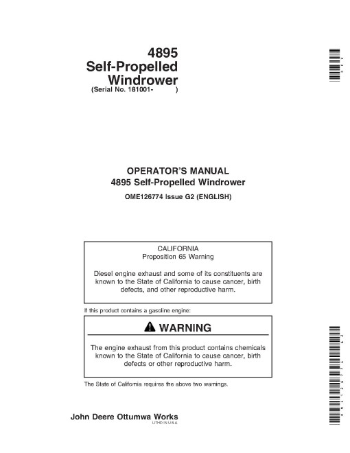 John Deere 4895 Self-Propelled Windrowers (SN: 181001 - 300000) Operators Manual (OME126774)