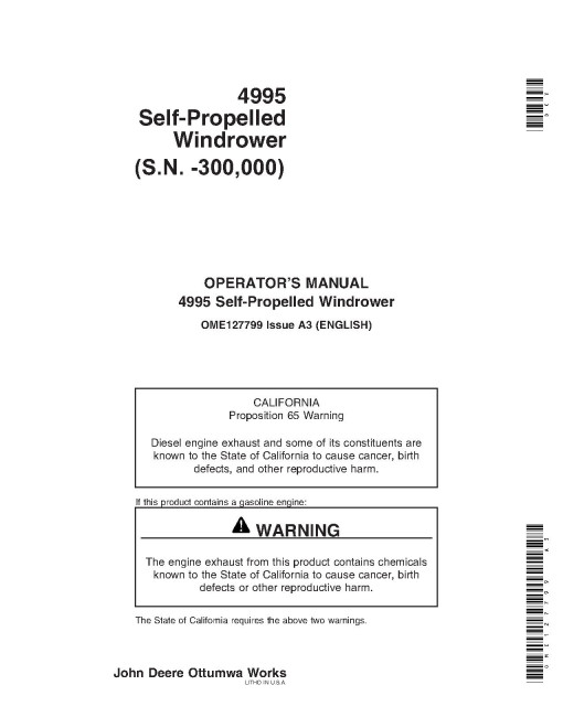 John Deere 4995 Self-Propelled Windrowers (SN: up to 300000) Operators Manual (OME127799)