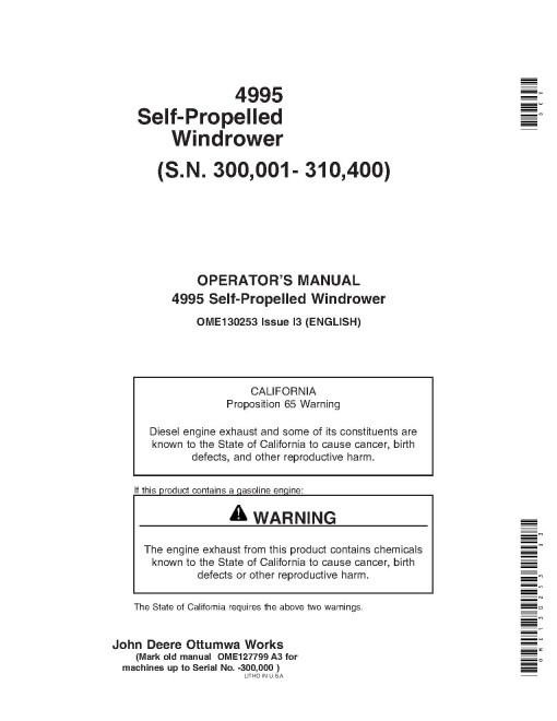 John Deere 4995 Self-Propelled Windrowers (SN: 300001 - 310400) Operators Manual (OME130253)