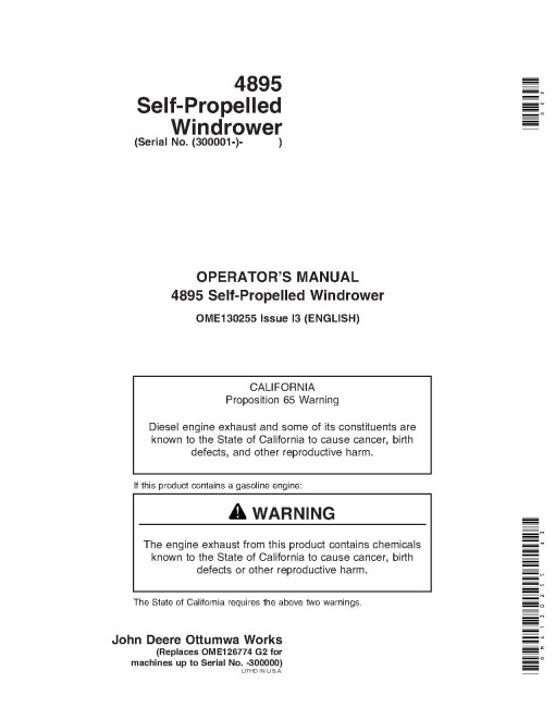 John Deere 4895 Self-Propelled Windrowers (SN: 300001 - 310000) Operators Manual (OME130255)