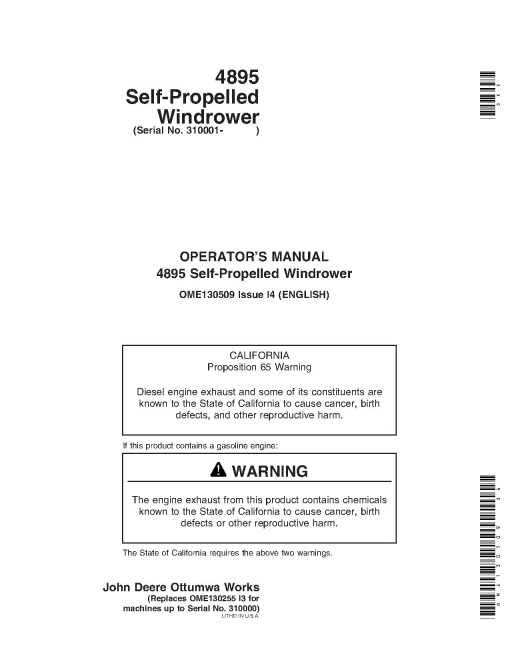 John Deere 4895 Self-Propelled Windrowers (SN: 310001 - 319999) Operators Manual (OME130509)