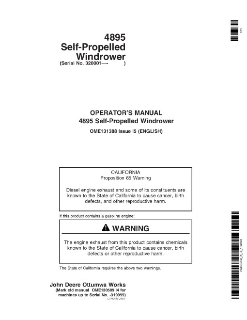 John Deere 4895 Self-Propelled Windrowers (SN: 320001 - 330110) Operators Manual (OME131388)