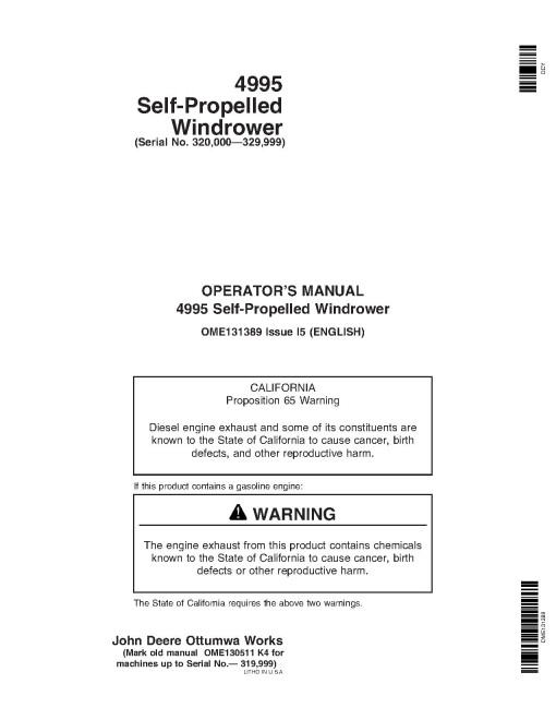 John Deere 4995 Self-Propelled Windrowers (SN: 320000 - 329999) Operators Manual (OME131389)