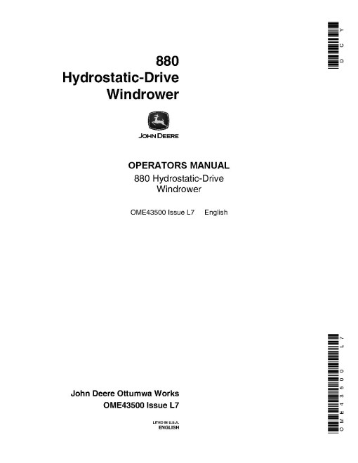 John Deere 880 Self-Propelled Windrowers (SN: up to 50604) set of Operators Manuals (OME43500)