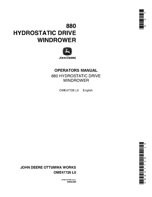 John Deere 880 Self-Propelled Windrowers (SN: from 051230) set of Operators Manuals (OME47726)