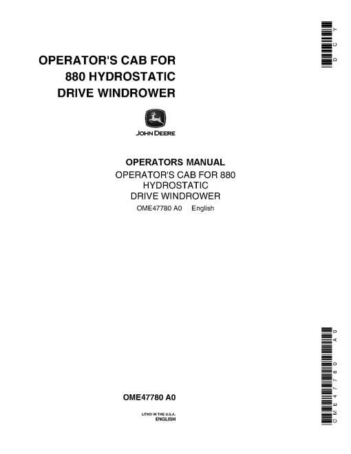 John Deere 880 Self-Propelled Windrowers (SN: from 051230) set of Operators Manuals (OME47726)