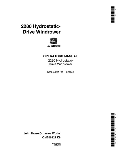 John Deere 2280 Self-Propelled Windrowers (SN: from 490001) Operators Manual (OME66221)
