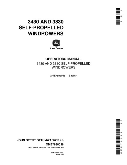 John Deere 3430 and 3830 Self-Propelled Windrowers (SN: from 740001) Operators Manual (OME78980)