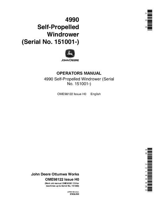 John Deere 4990 Self-Propelled Windrowers (SN: 151001 - 163100) Operators Manual (OME98122)