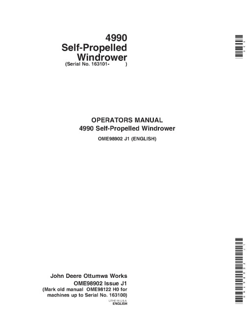 John Deere 4990 Self-Propelled Windrowers (SN: from 163101) Operators Manual (OME98902)