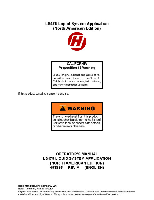 John Deere (Hagie) LS475 Mounted Sprayers (North America) Operators Manual (OMFA493885)
