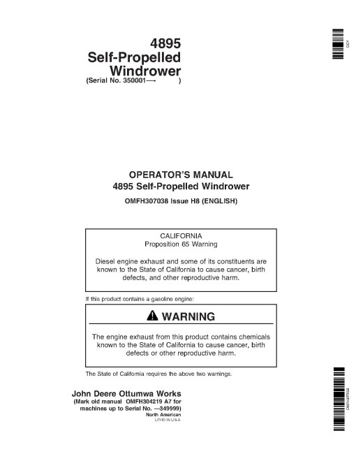 John Deere 4895 Self-Propelled Windrowers (SN: from 350001) Operators Manual (OMFH307038)