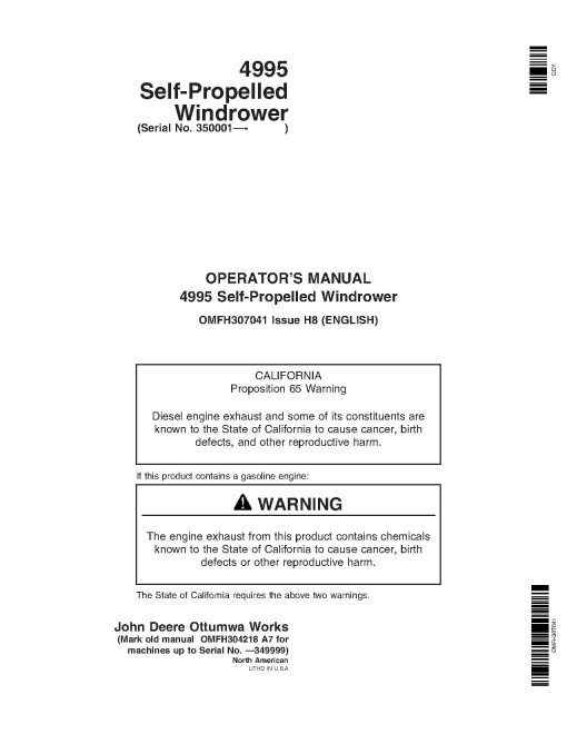 John Deere 4995 Self-Propelled Windrowers (SN: from 350001) Operators Manual (OMFH307041)