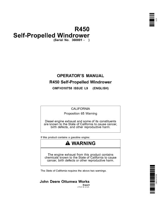 John Deere R450 Self-Propelled Windrowers (SN: 360001 - 371200) (Export Edition) Operators Manual (OMFH310758)