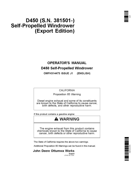 John Deere D450 Self-Propelled Windrowers (SN: from 381501) (Export Edition) Operators Manual (OMFH314473)