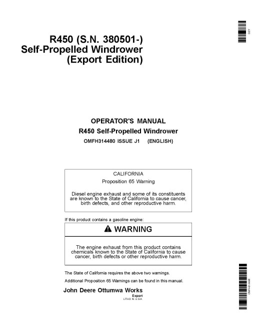 John Deere R450 Self-Propelled Windrowers (SN: from 380501) (Export Edition) Operators Manual (OMFH314480)