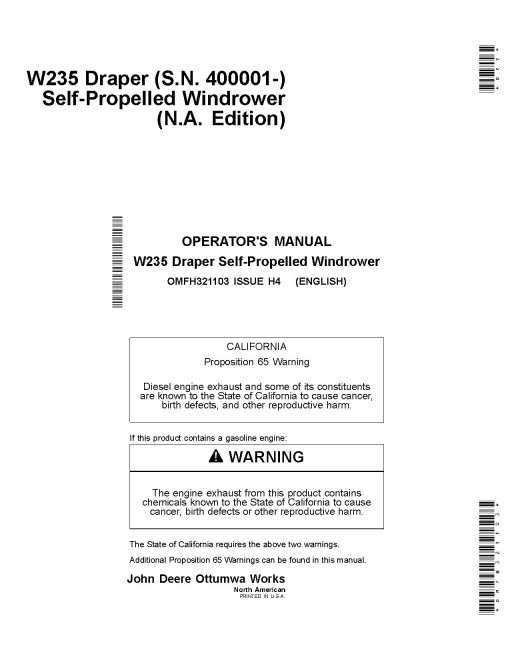 John Deere W235 Draper Self-Propelled Windrowers (SN: from 400001) (North America) Operators Manual (OMFH321103)