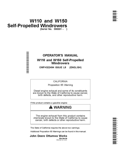 John Deere W110 and W150 Self-Propelled Windrowers (SN: 390001 - 490049) Operators Manual (OMFH322494)