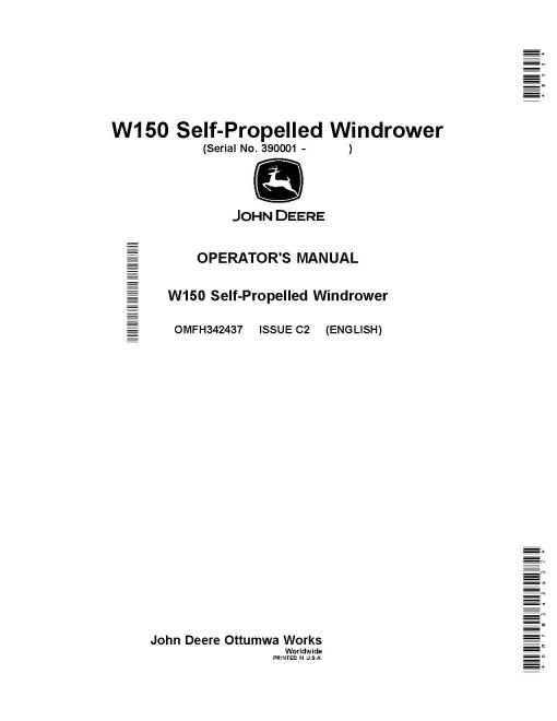 John Deere W150 Self-Propelled Windrowers (SN: 390001 - 490049) Operators Manual (OMFH342437)