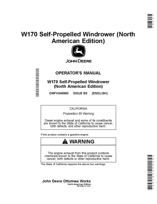 John Deere W170 Self-Propelled Windrowers (SN: 490001 - 501199) (North America) Operators Manual (OMFH349960)