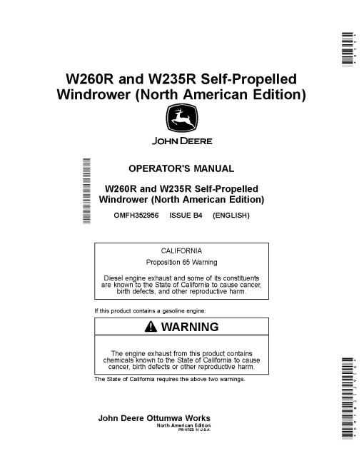 John Deere W235R and W260R Self-Propelled Windrowers (SN: up to 509999) (North America) Operators Manual (OMFH352956)