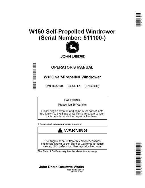 John Deere W150 Self-Propelled Windrowers (SN: from 511100) Operators Manual (OMFH357334)