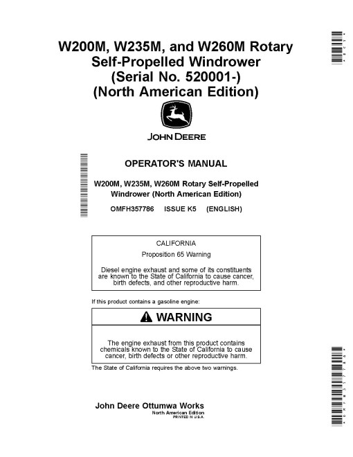 John Deere W200M, W235M and W260M Self-Propelled Windrowers (SN: from 520001) (North America) Operators Manual (OMFH357786)