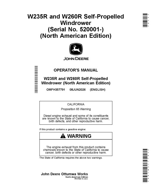 John Deere W235R and W260R Self-Propelled Windrowers (SN: from 520001) (North America) Operators Manual (OMFH357791)
