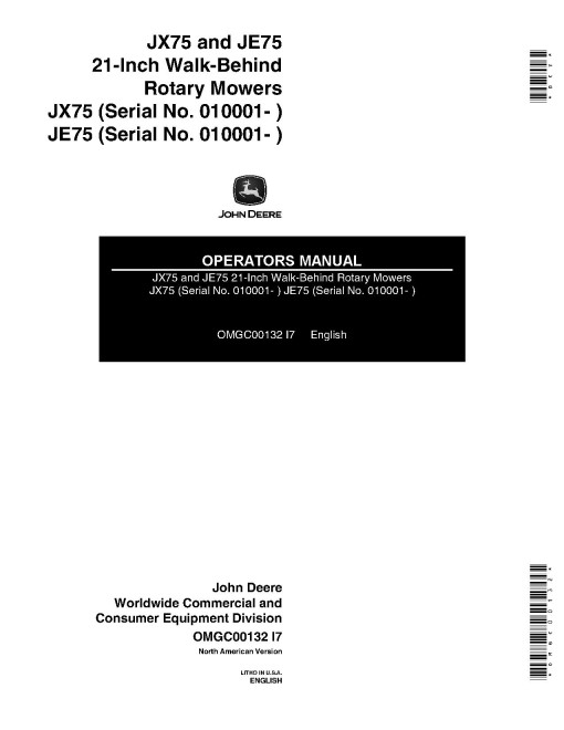 John Deere JE75 (SN:010001-020000) and JX75 (SN:010001-030000) Walk-Behind Mowers (North America) Operators Manual (OMGC00132)