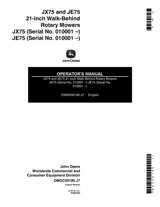 John Deere JE75 (SN:010001-020000) and JX75 (SN:010001-030000) Walk-Behind Mowers (Export Edition) Operators Manual (OMGC00180)