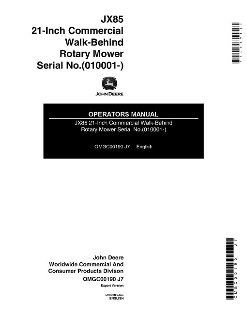 John Deere JX85 Walk-Behind Mowers (SN: from 010001) (Export Edition) Operators Manual (OMGC00190)